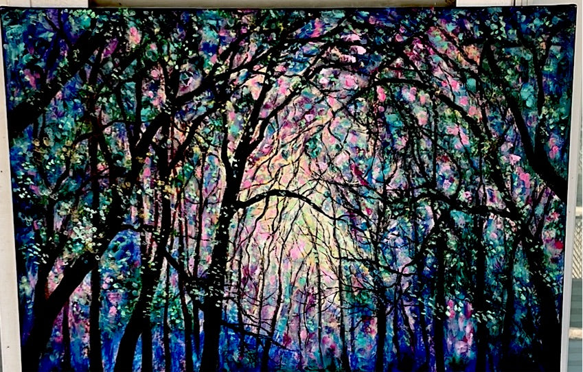 Embellished Canvas Print  -  24 x 36 - Sunshine thru the Trees - large - added oil-paint and coldwax