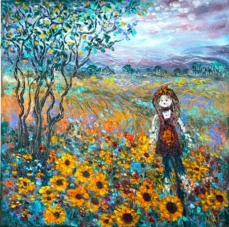 Sunflowers and little miss Scarecrow - Canvas  Print - 12 x 12