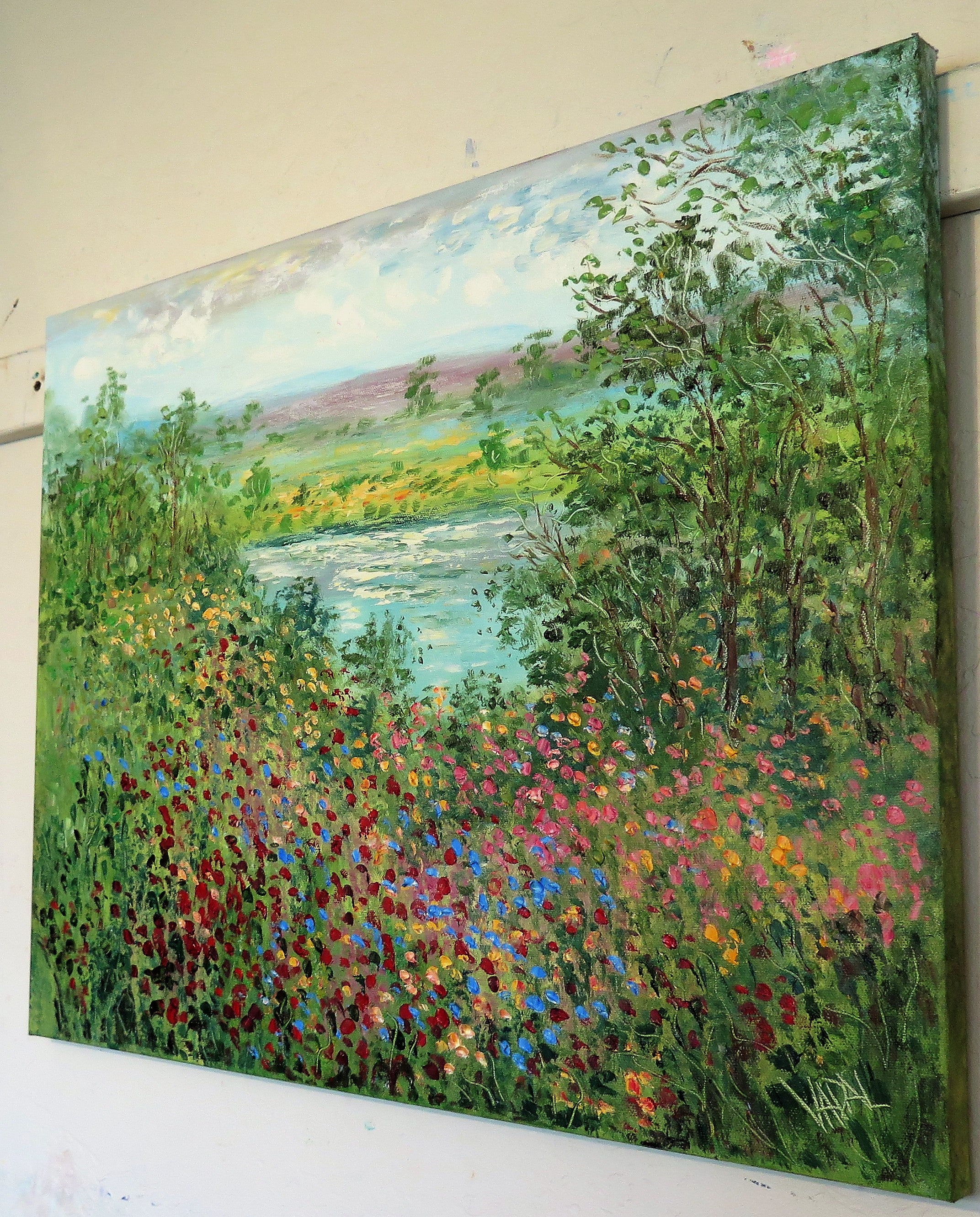 Original painting - California wild flowers and  pond 24 x 20