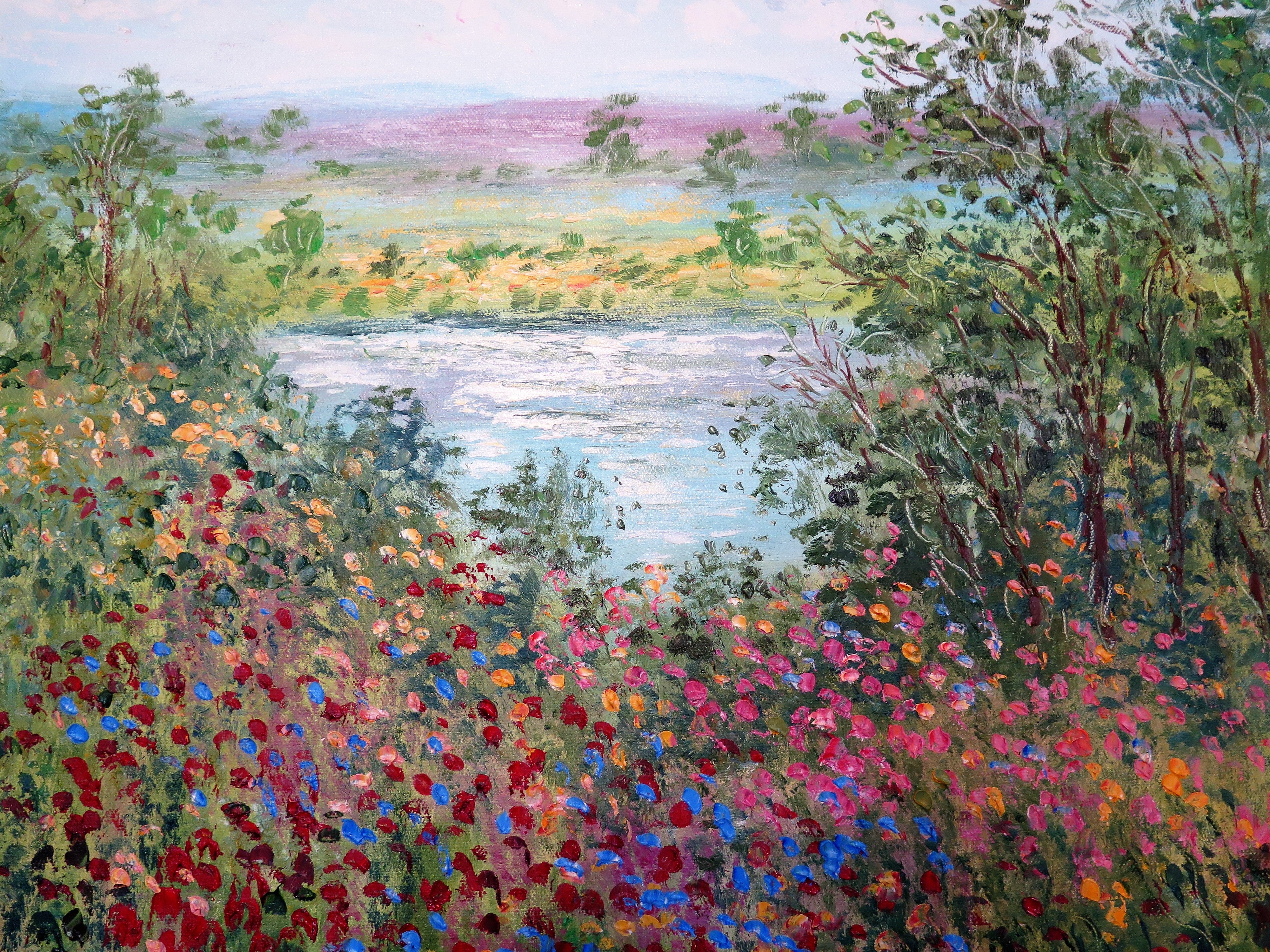 Original painting - California wild flowers and  pond 24 x 20