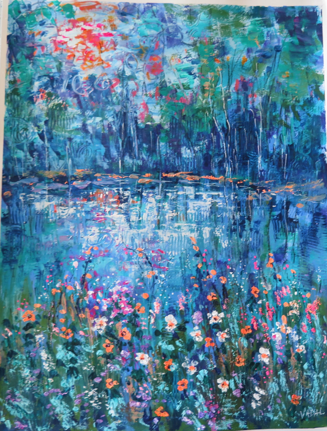 Blue wild flower meadow and  pond - 18 x 24