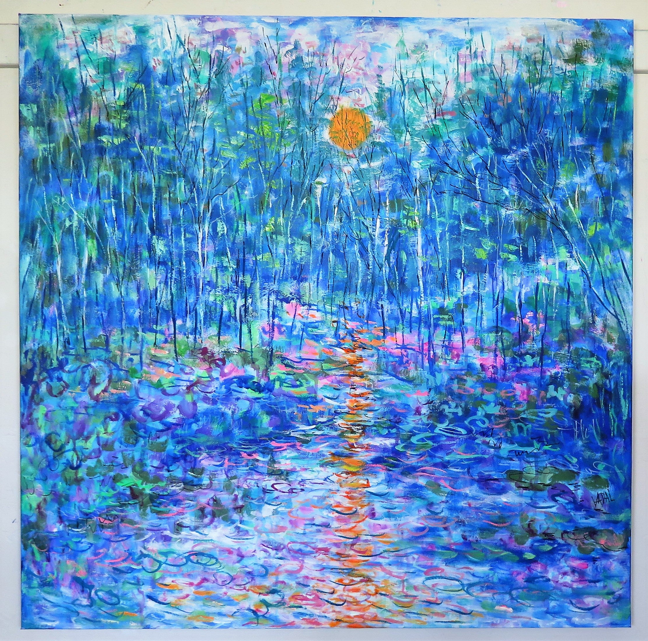 Original painting - Reflection in Sunset Stream  - mixed medium - 36 x 36 x 1