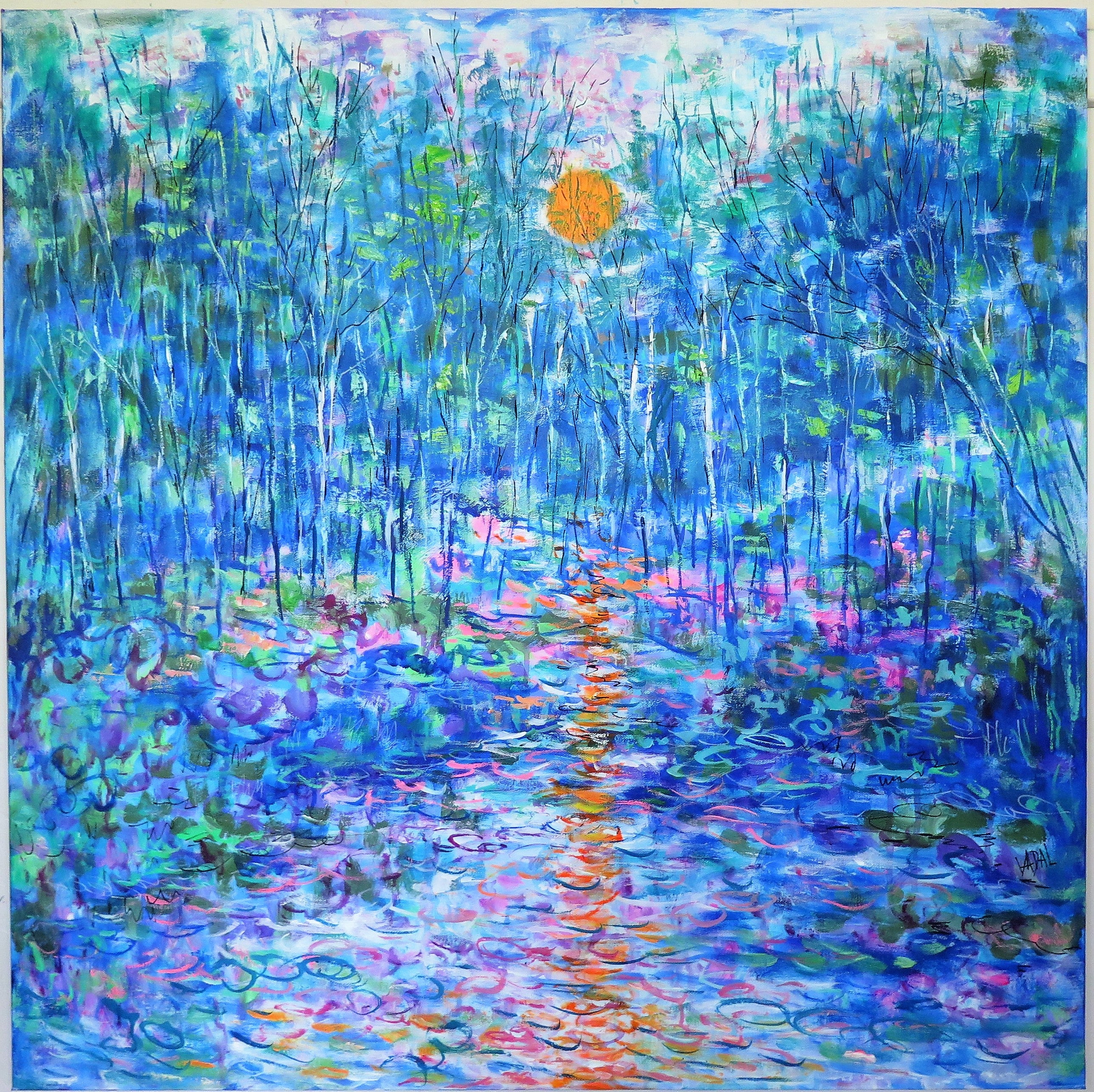 Original painting - Reflection in Sunset Stream  - mixed medium - 36 x 36 x 1