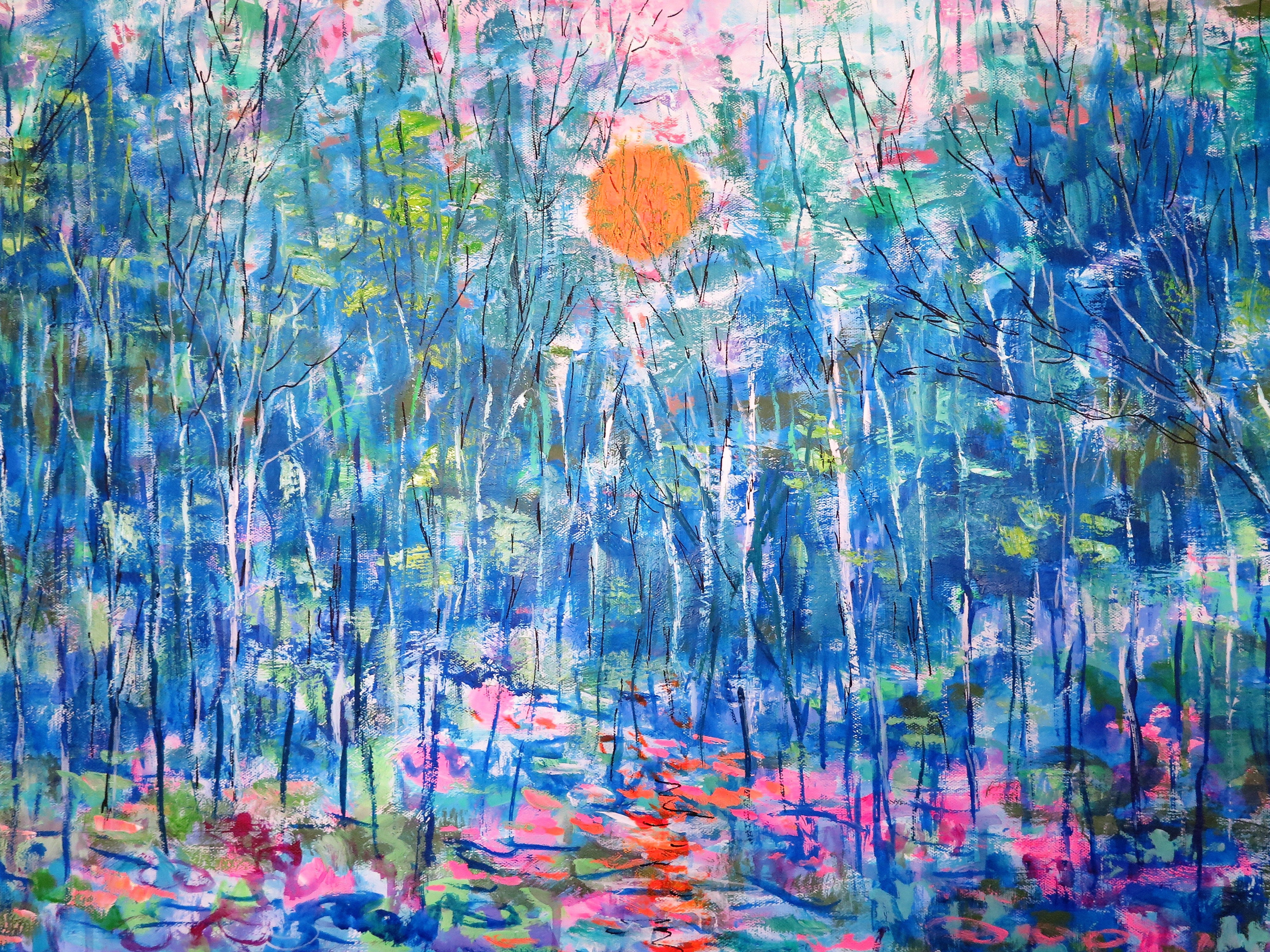 Original painting - Reflection in Sunset Stream  - mixed medium - 36 x 36 x 1