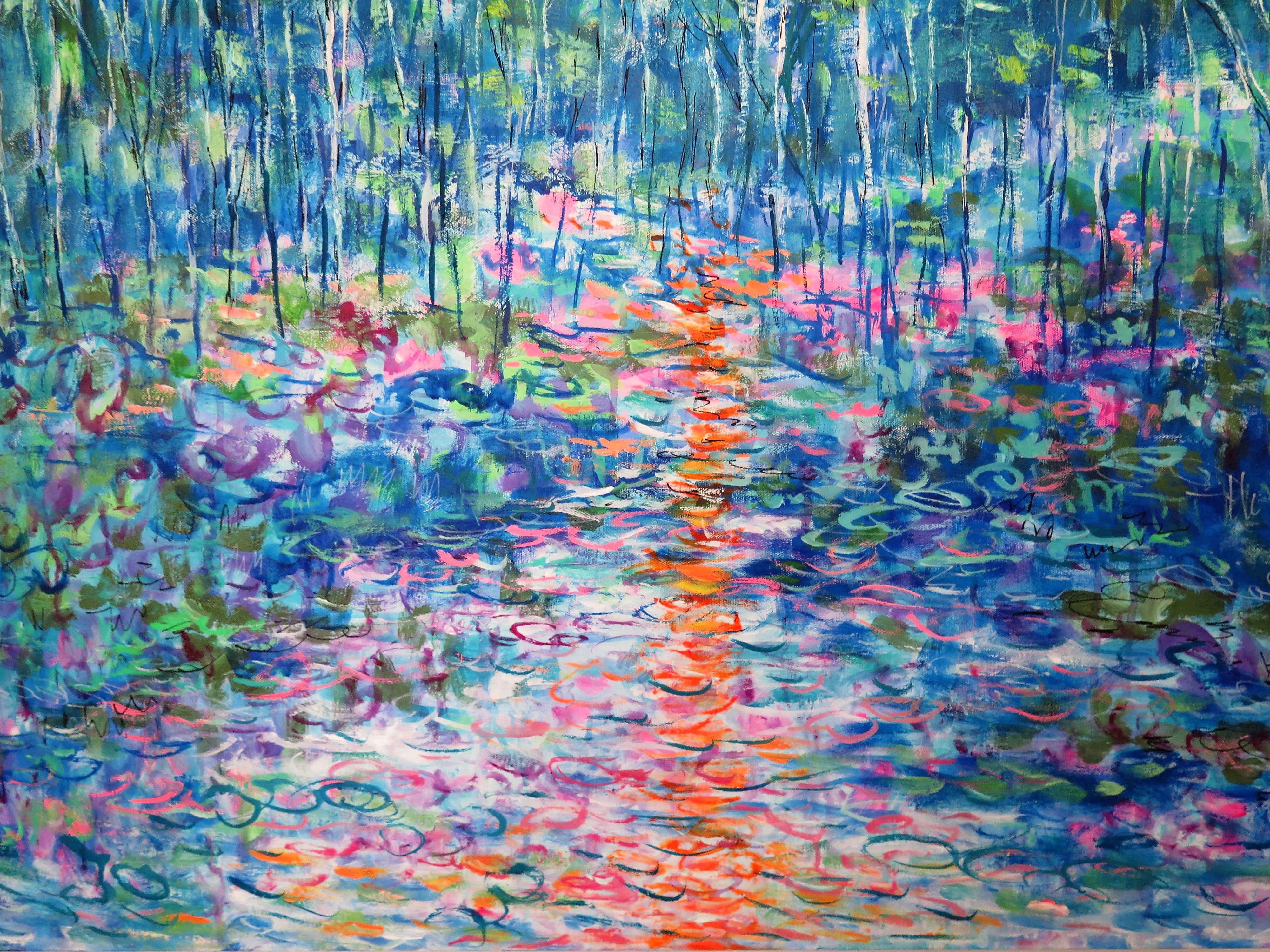 Original painting - Reflection in Sunset Stream  - mixed medium - 36 x 36 x 1