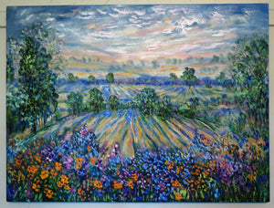 California Rolling hills, oak trees and wildflowers -oil painting  40 x 30 x 1.5