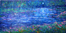 Load image into Gallery viewer, Lilly Pad stream , moonlight and fireflies - oil  -24 x 48 x 1.5