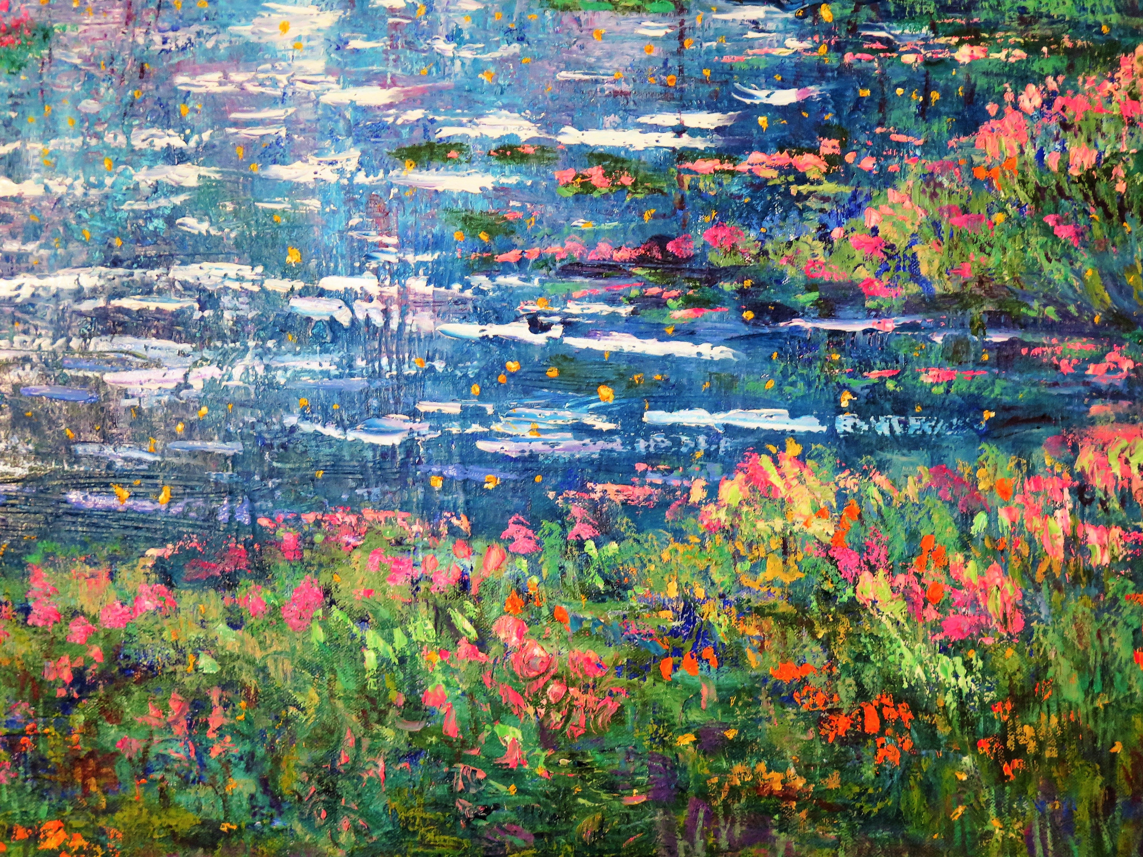 Original painting - Lilly Pad stream , moonlight and fireflies - oil  -24 x 48 x 1.5