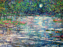 Load image into Gallery viewer, Lilly Pad stream , moonlight and fireflies - oil  -24 x 48 x 1.5