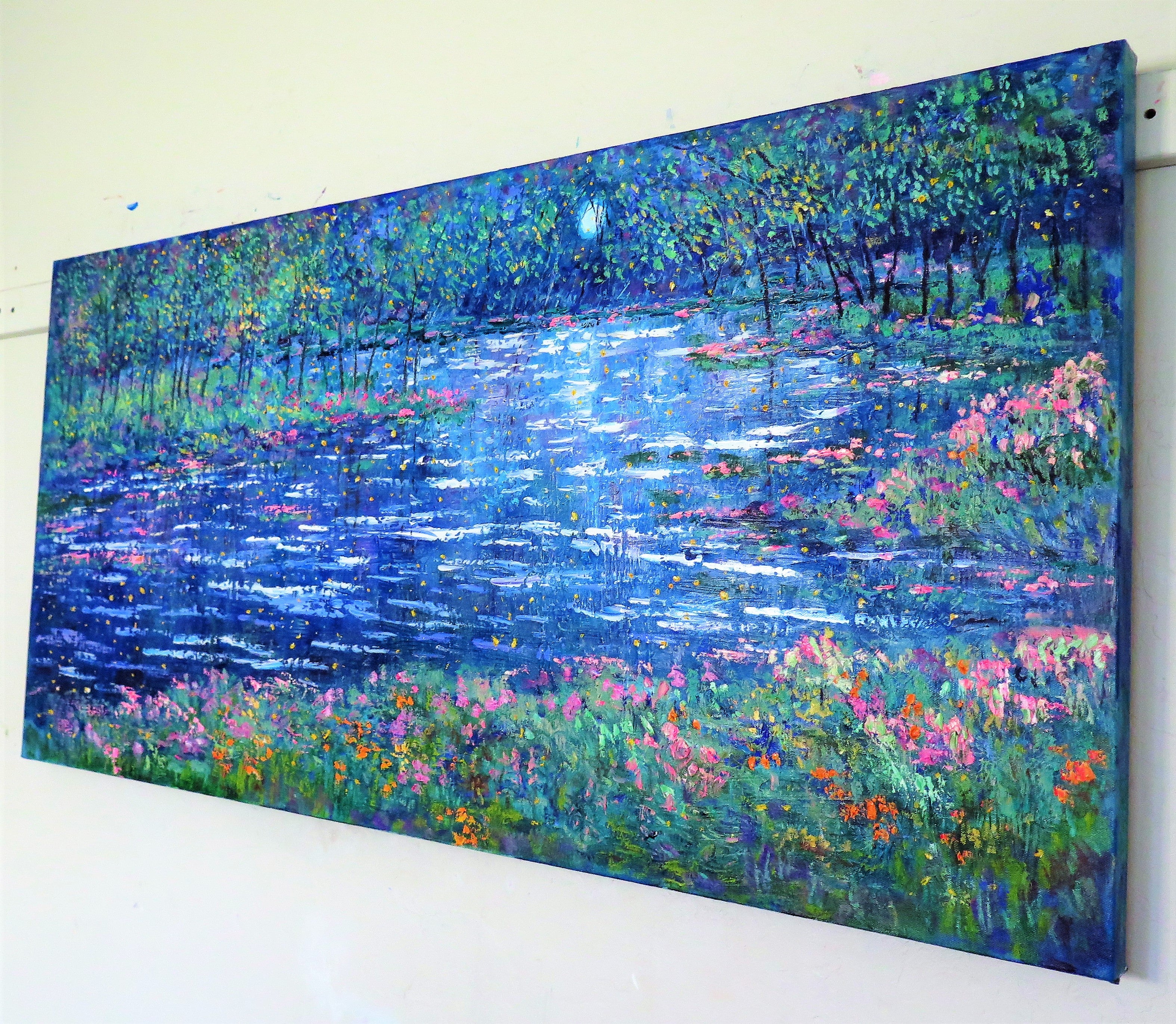 Original painting - Lilly Pad stream , moonlight and fireflies - oil  -24 x 48 x 1.5