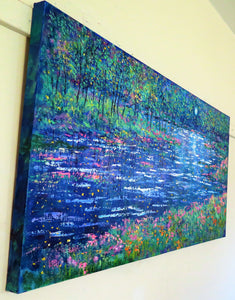 Lilly Pad stream , moonlight and fireflies - oil  -24 x 48 x 1.5