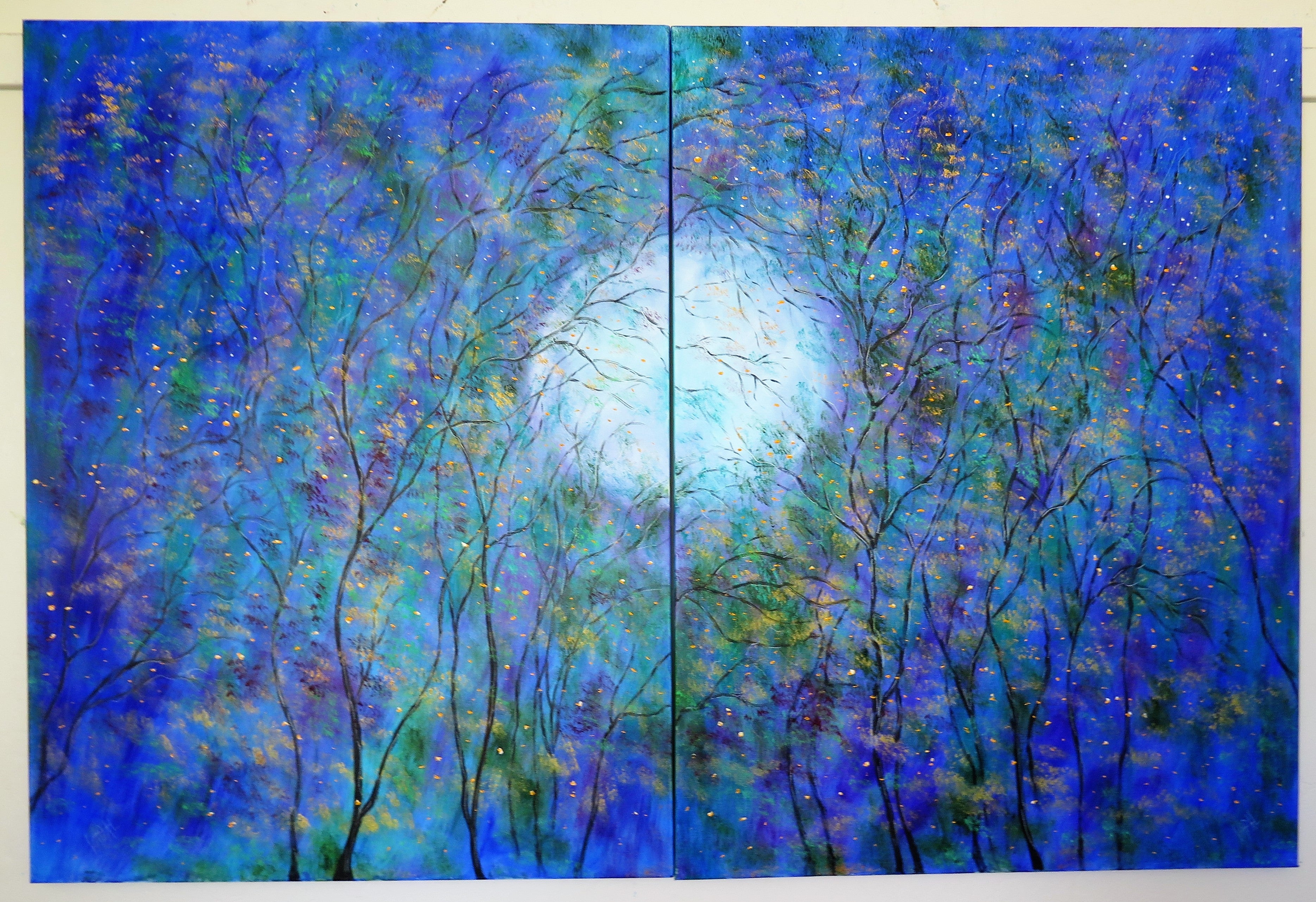 Original painting - Split moon and fireflies - Large original oil painting  60 x 40