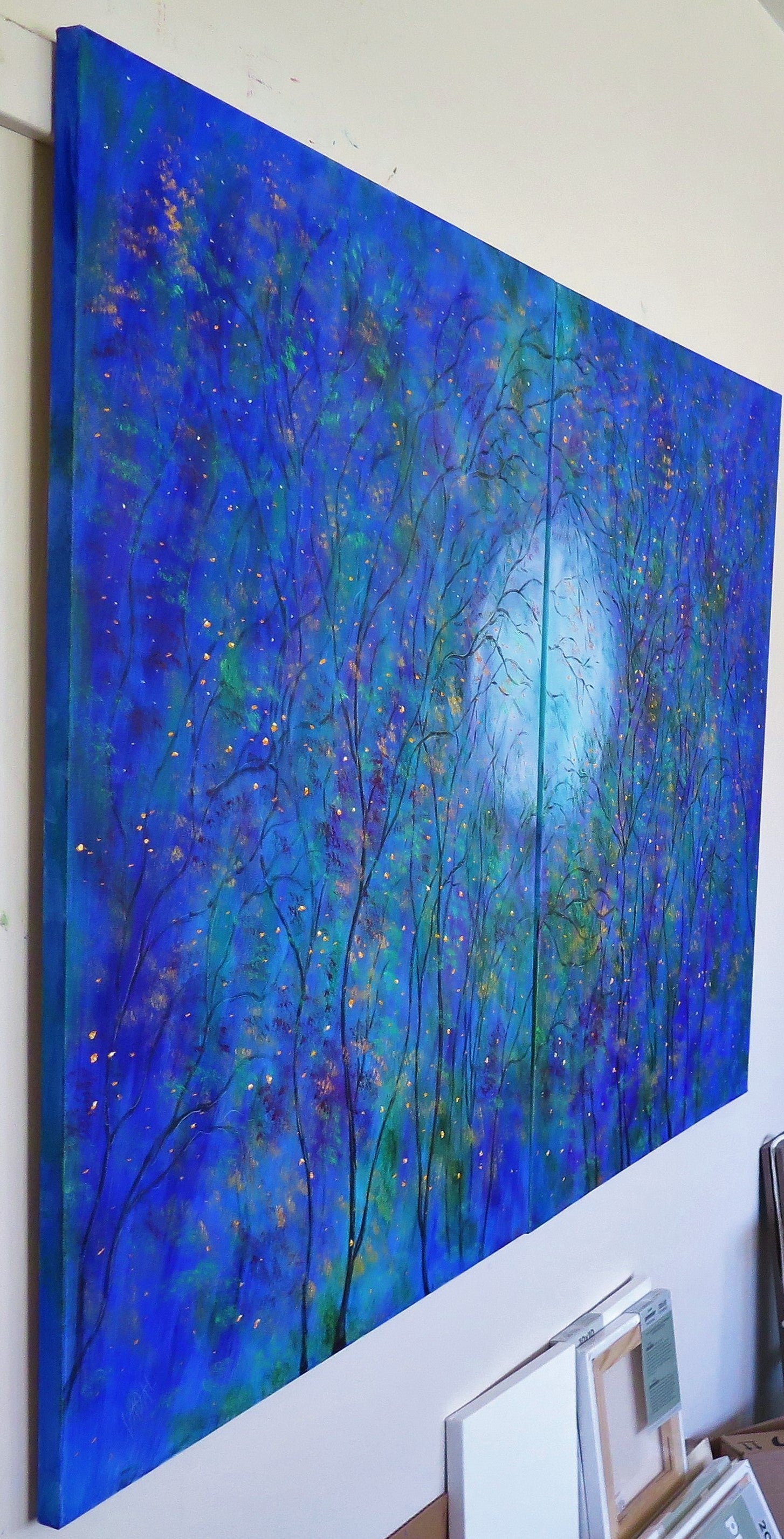 Original painting - Split moon and fireflies - Large original oil painting  60 x 40