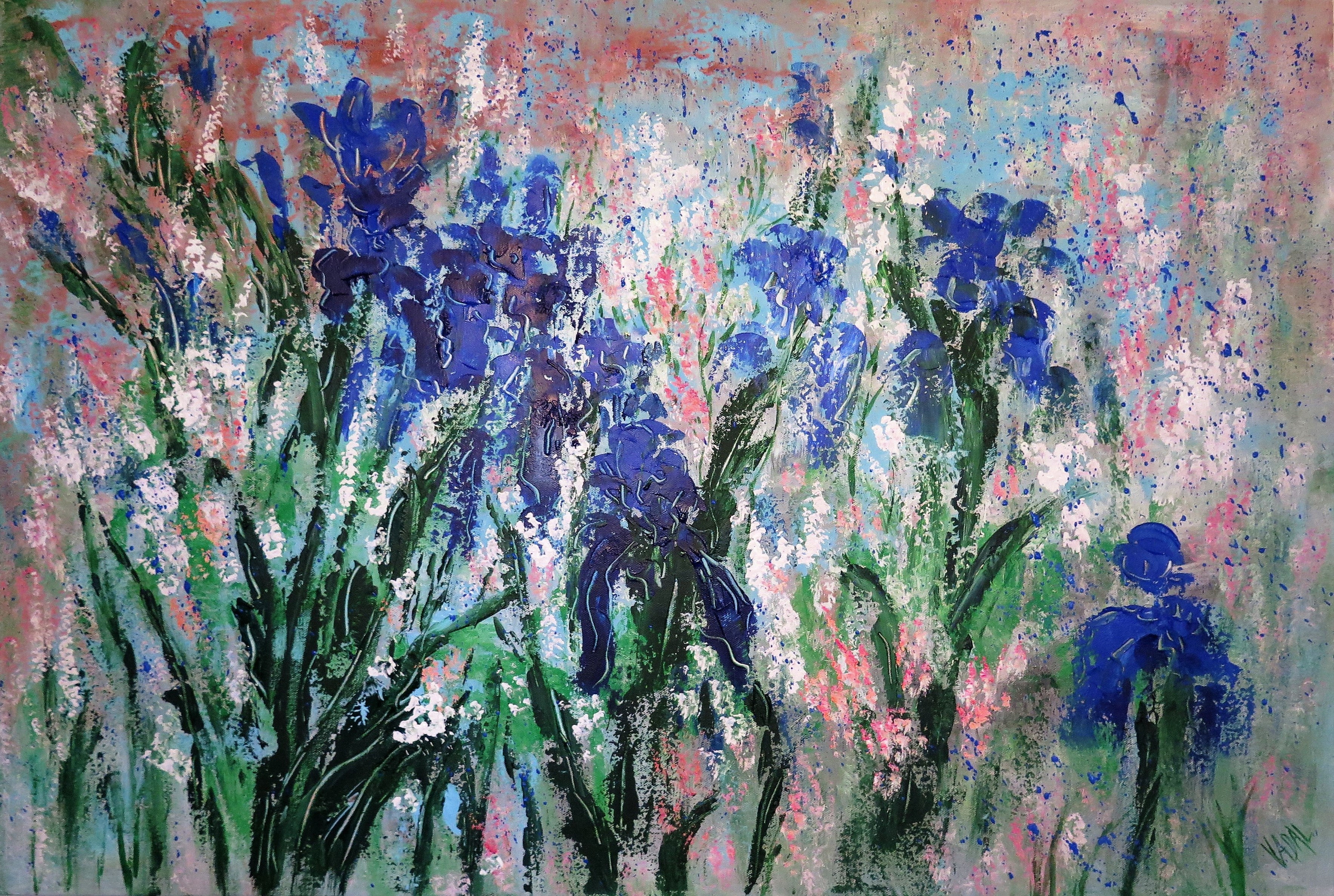 Original painting - Iris and Wild Flowers 36 x 24 x 1 -oil and acrylic