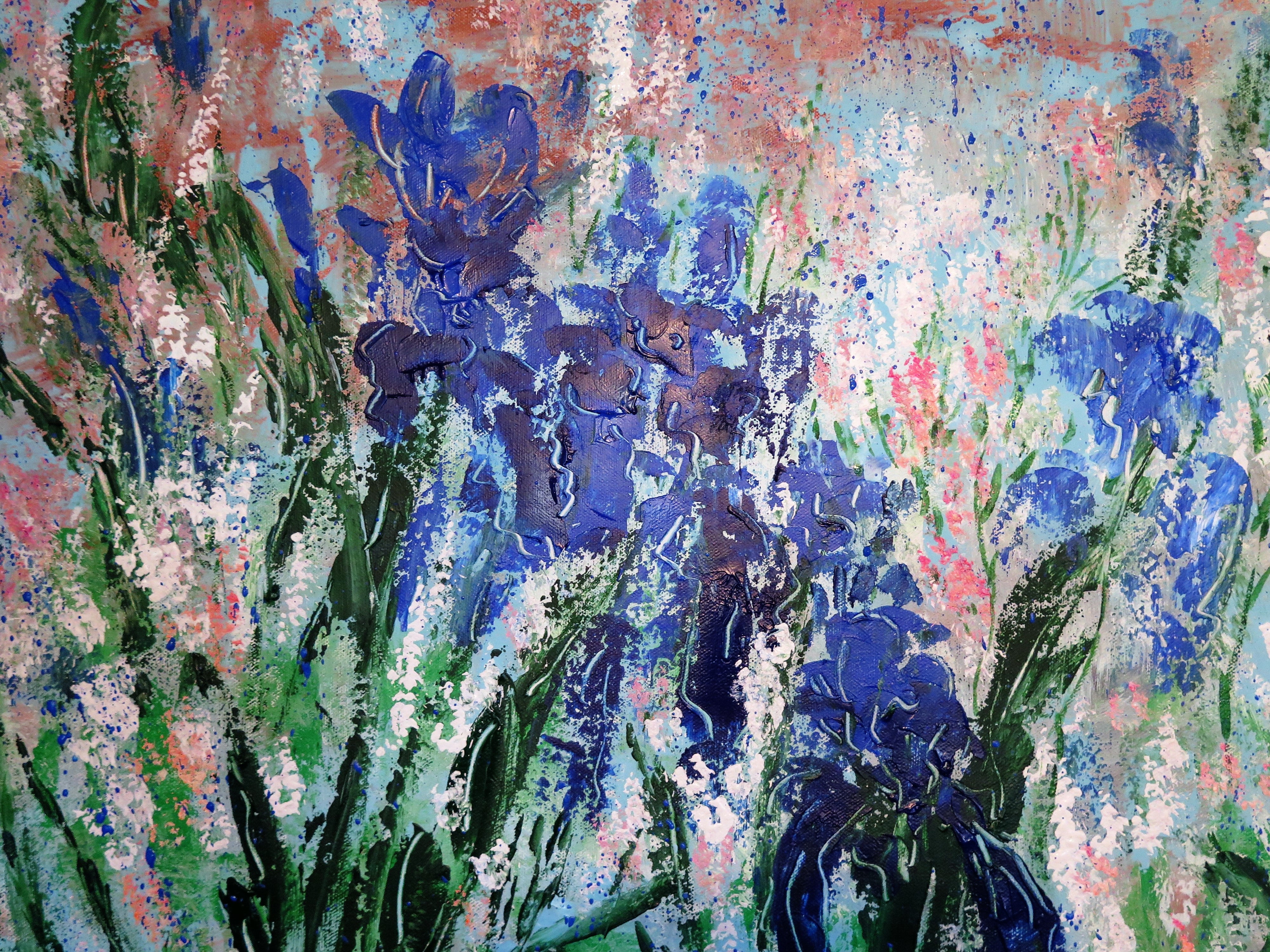 Original painting - Iris and Wild Flowers 36 x 24 x 1 -oil and acrylic