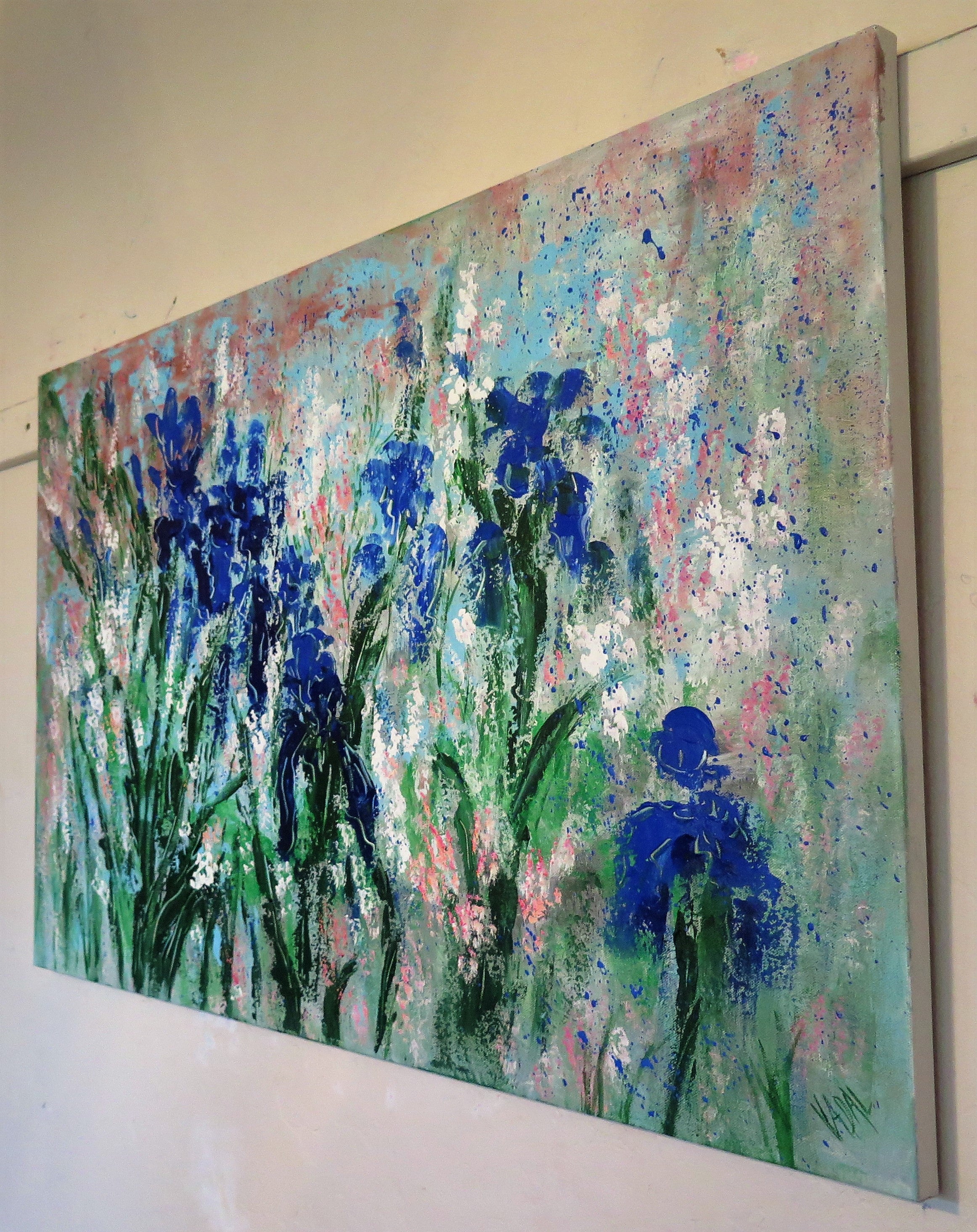 Original painting - Iris and Wild Flowers 36 x 24 x 1 -oil and acrylic