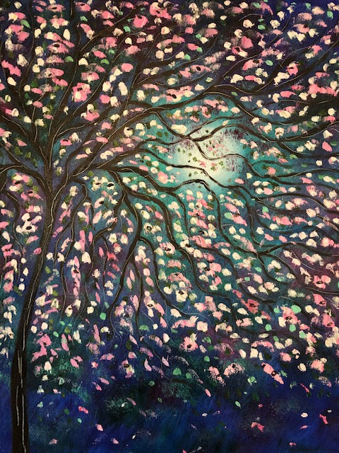 Original painting- oil painting-blue moon cherry tree