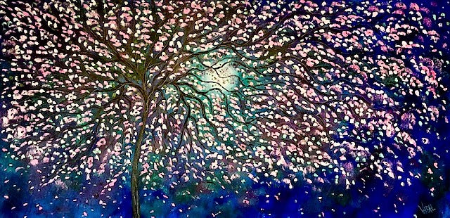 Original painting- oil painting-blue moon cherry tree