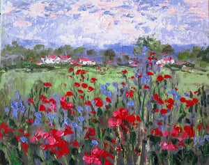 Canvas Giclee Print -   Red Poppies and Lavender Houses -   20 x 16
