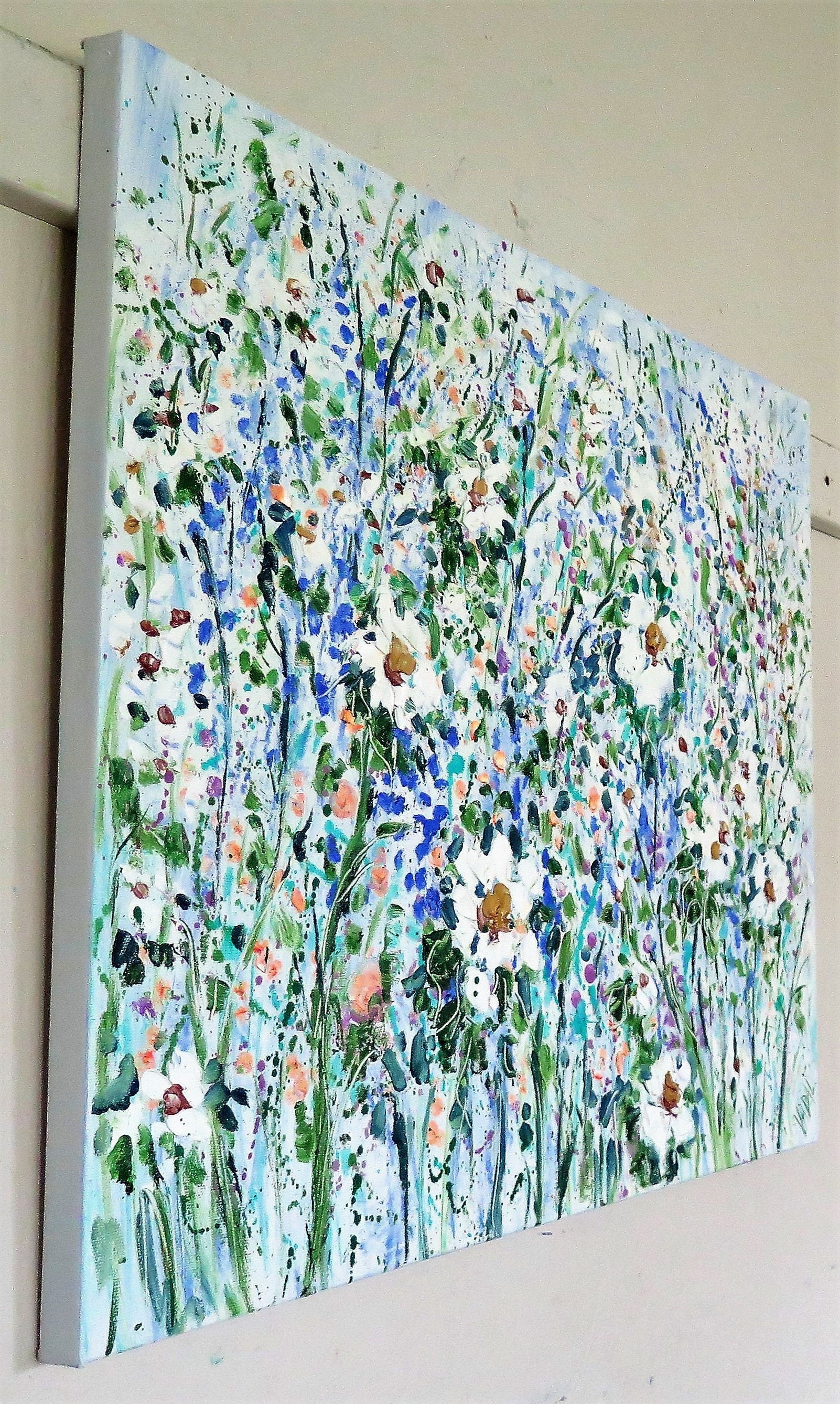 Original painting - Oil painting  Abstract  24 x 20  Blue Abstract with White Poppies