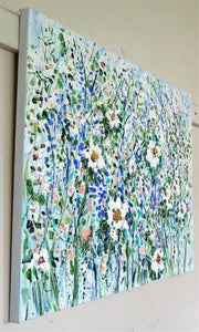 Oil painting  Abstract  24 x 20  Blue Abstract with White Poppies - FREE SHIPPING in US