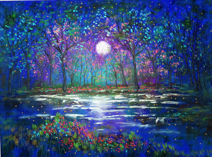 Giclee Canvas Print  Spring Cherry Trees Lake and Fireflies  Vadal -  16 x 20   x 7/8  large