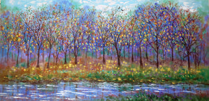 Original oil painting  48 - Large - Autumn Trees , love birds and stream 48 x 24