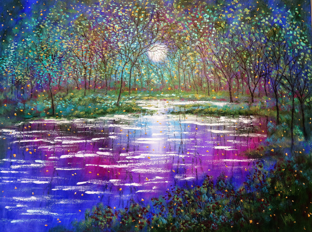 Giclee Canvas Print, Abstract Painting, Large Landscape, Spring Trees Lake and Fireflies, Vadal - 24x30x 1 large