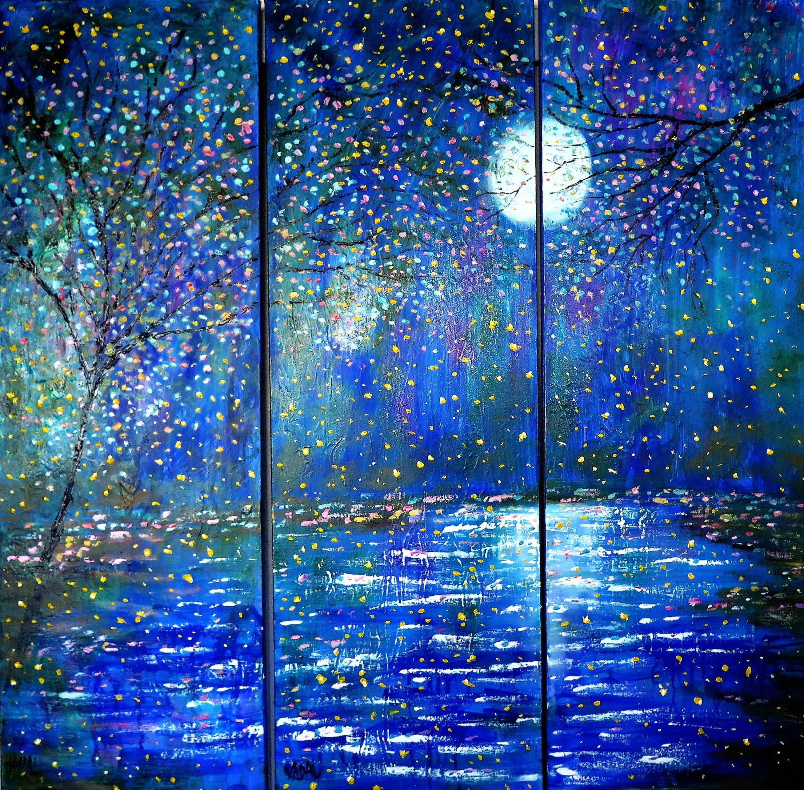 original painting - Blue moon stream and Fireflies - 36 x 36 x1 large oil-paintings