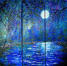 Load image into Gallery viewer, Large original painting - Blue moon stream and Fireflies - 36 x 36