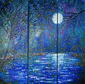 Large original painting - Blue moon stream and Fireflies - 36 x 36