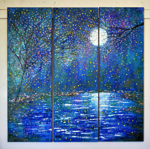 Large original painting - Blue moon stream and Fireflies - 36 x 36