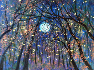 Giclee Canvas Painting, Print Art, Large Landscape, Abstract Painting, Copper moon  and Fireflies Vadal - 20 x 16