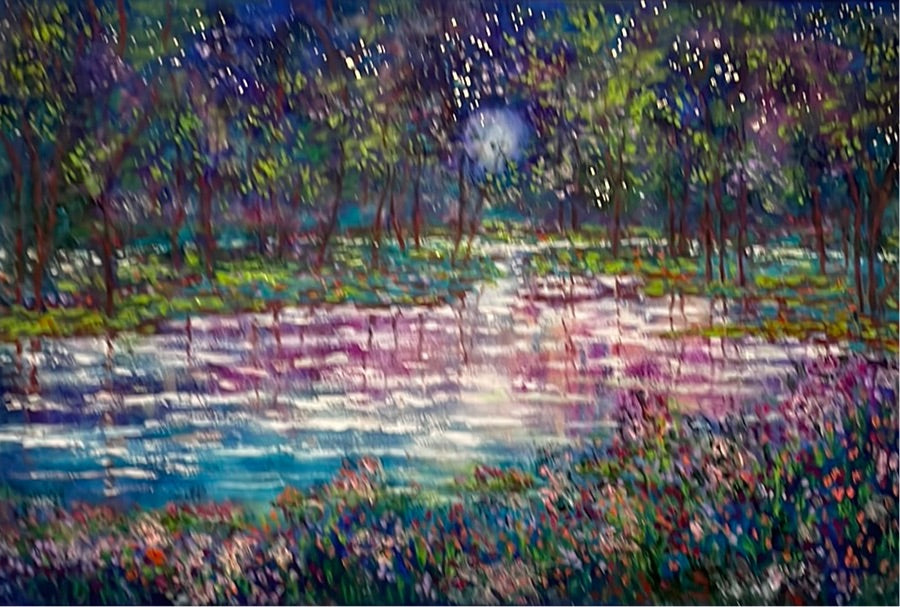 24x36 - Original Oil Painting - Blue moon, stream and fireflies