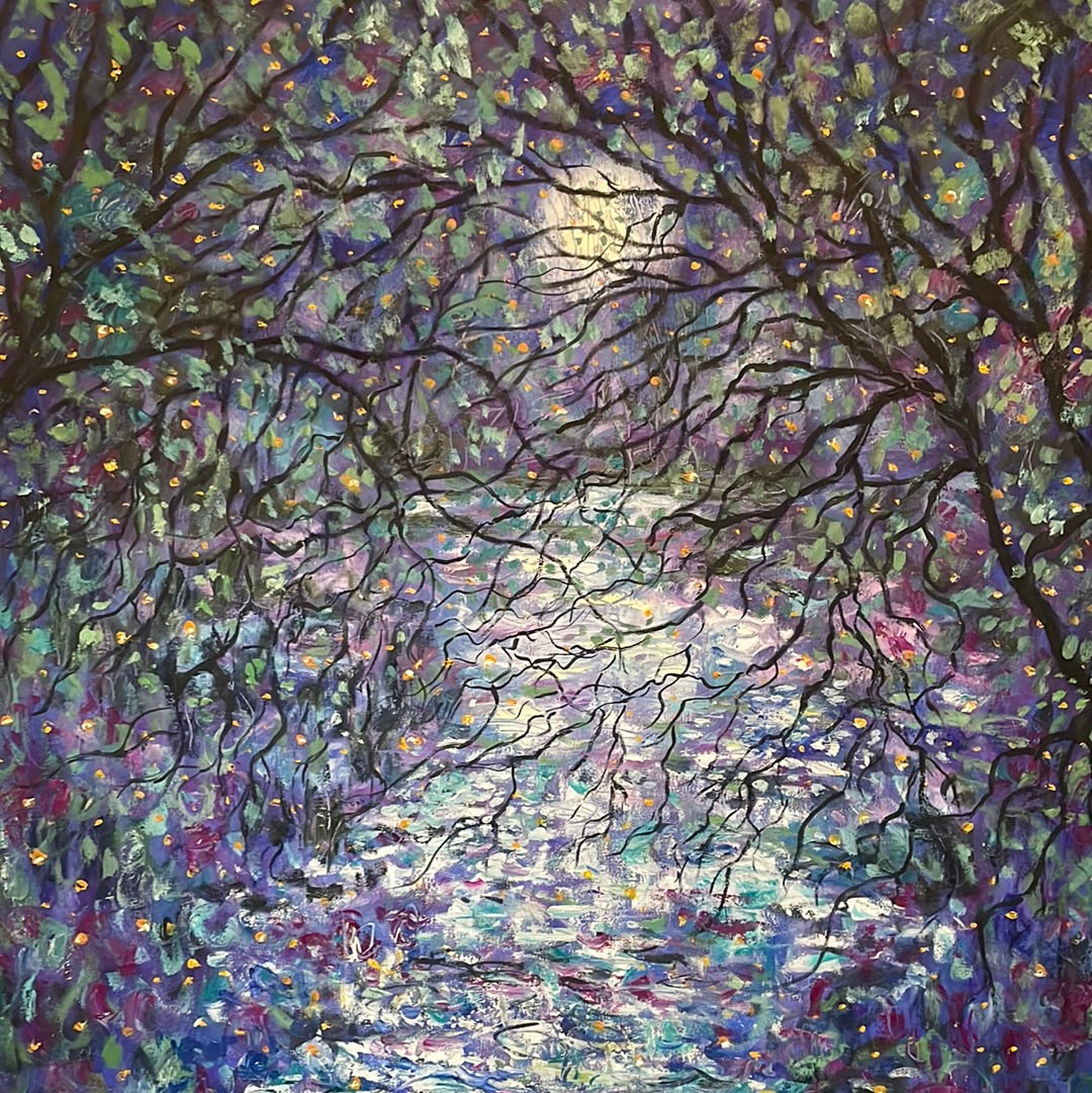 Original painting - Moonlight and cascading trees by stream