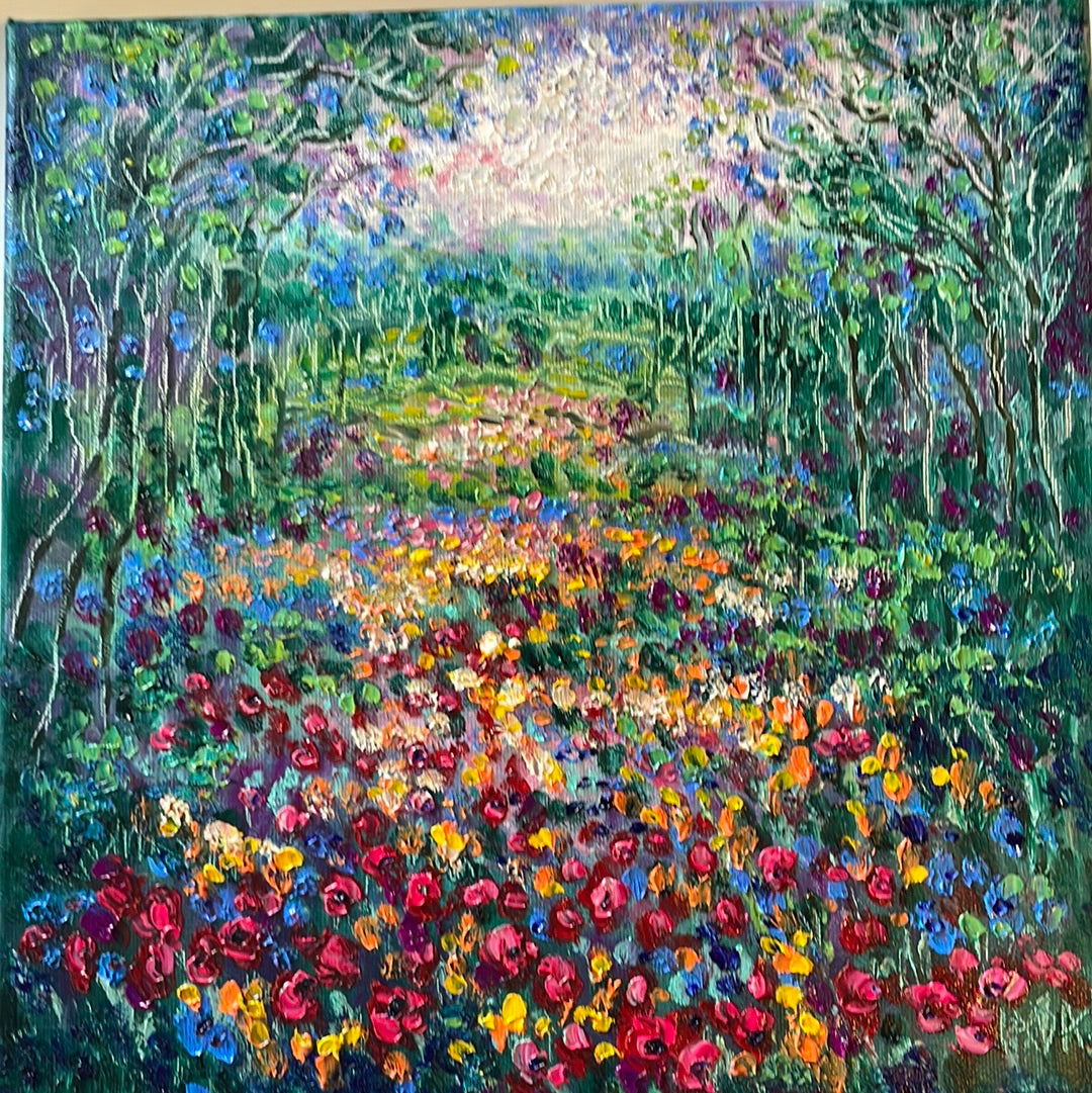 Original painting - California  oak trees and wildflowers with red and orange poppies -oilpainting