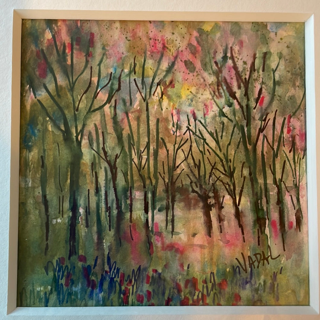 Landscape trees -watercolor and ink-trees and flowers -4 x4 on heavy paper -matted to overall size 11x 14