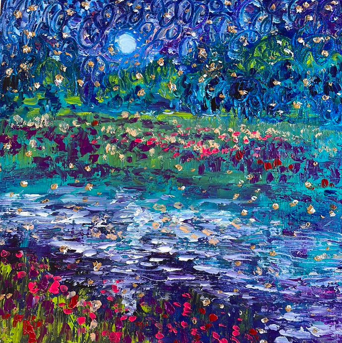 Moonlight fireflies along red poppy stream - 12 x  12 oil