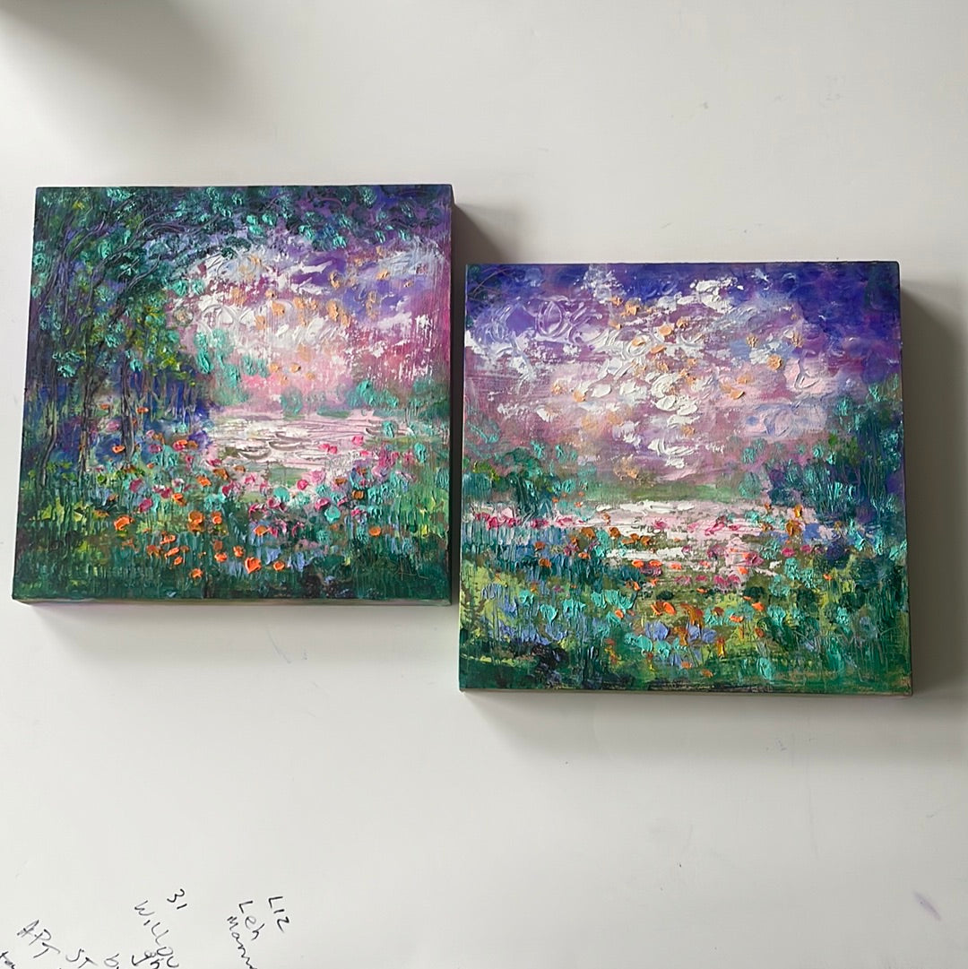 Original painting - Springtime pond in California-set of 2- 8 x 8 s