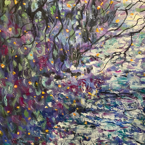 Moonlight and cascading trees by stream-36 x 36 x 1 - oil and cold wax