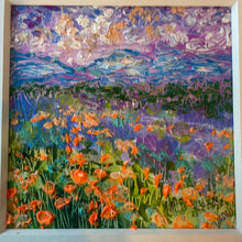 Load image into Gallery viewer, California mountains with orange poppies and other wild lupine and bluebells -4 x 4 on heavy art paper -matted to size 11 x 14
