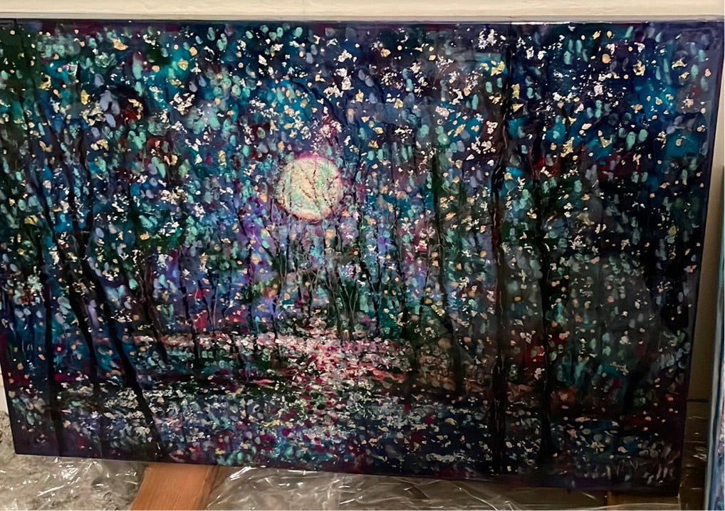 Original painting - Silver-gold moon stream and trees  -gold and silver leaf -resin- oil  -24 x 36 x 1.5