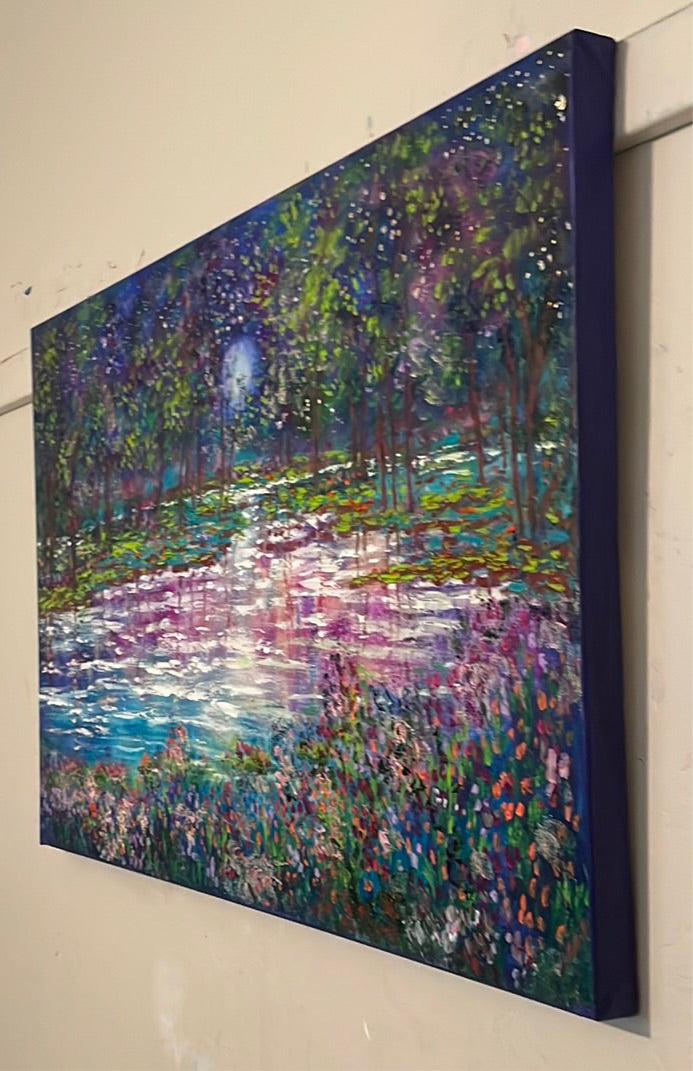 24x36 - Original Oil Painting - Blue moon, stream and fireflies