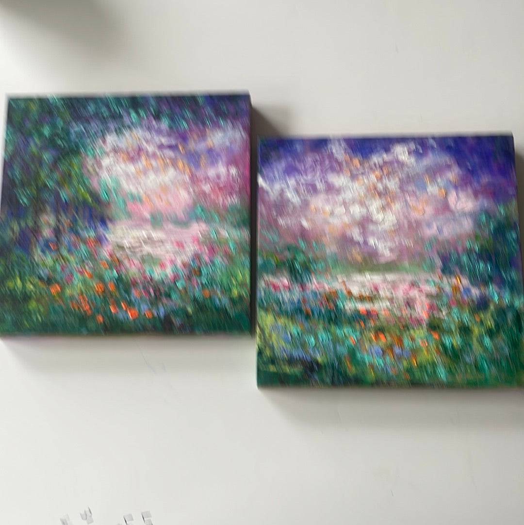 Original painting - Springtime pond in California-set of 2- 8 x 8 s