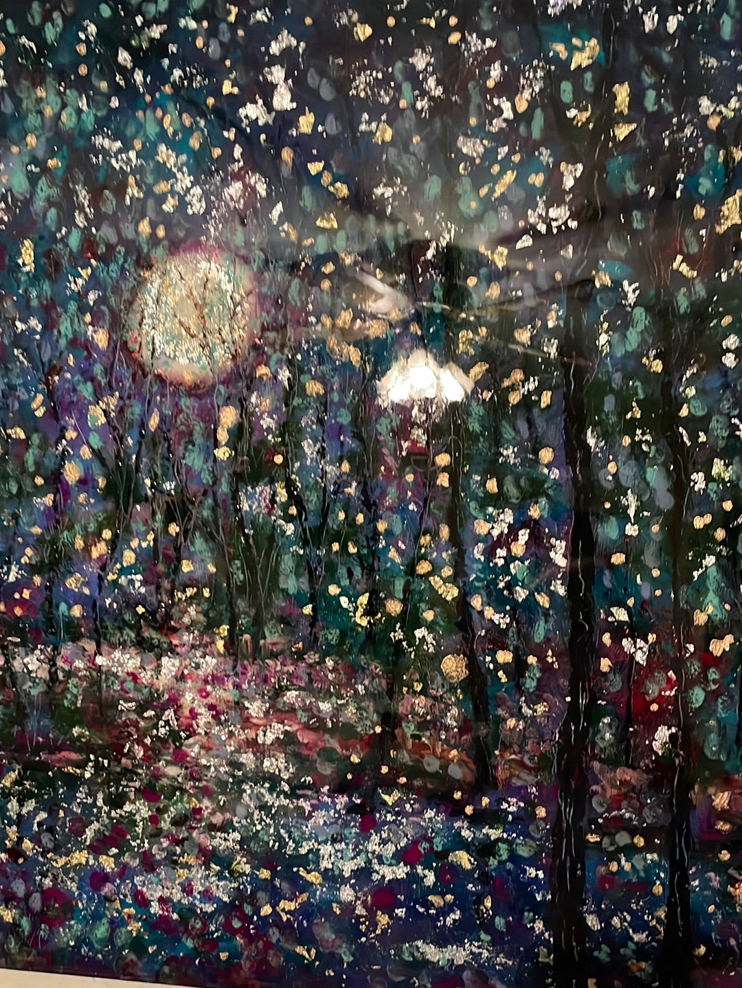 Original painting - Silver-gold moon stream and trees  -gold and silver leaf -resin- oil  -24 x 36 x 1.5