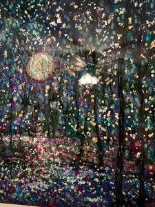 Silver-gold moon stream and trees  -gold and silver leaf -resin- oil  -24 x 36 x 1.5