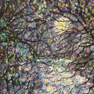 Moonlight and cascading trees by stream-36 x 36 x 1 - oil and cold wax