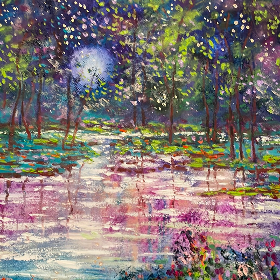 24x36 - Original Oil Painting - Blue moon, stream and fireflies