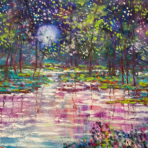 Blue moon , spring stream and fireflies- oil  -24 x 36 x 1.5
