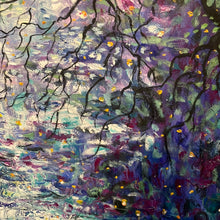 Load image into Gallery viewer, Moonlight and cascading trees by stream-36 x 36 x 1 - oil and cold wax